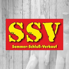 Gedruckte Schaufensterbeschriftung SSV Sommer-Schluß-Verkauf