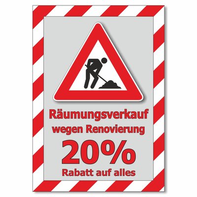 Plakat Räumungsverkauf wegen Renovierung - 20% Rabatt auf alles
