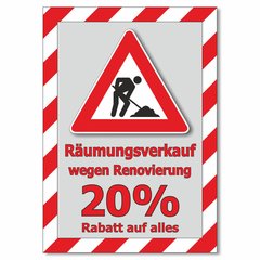 Plakat Rumungsverkauf wegen Renovierung - 20% Rabatt auf...