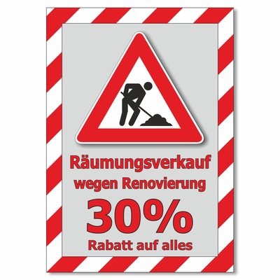 Plakat Räumungsverkauf wegen Renovierung - 30% Rabatt auf alles