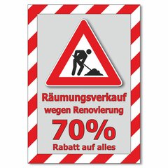 Plakat Räumungsverkauf wegen Renovierung - 70% Rabatt auf...